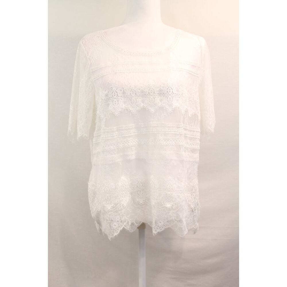 WHBM Sheer Elegant Lace Overlay Top Women size L White Boat Neck Button Keyhole